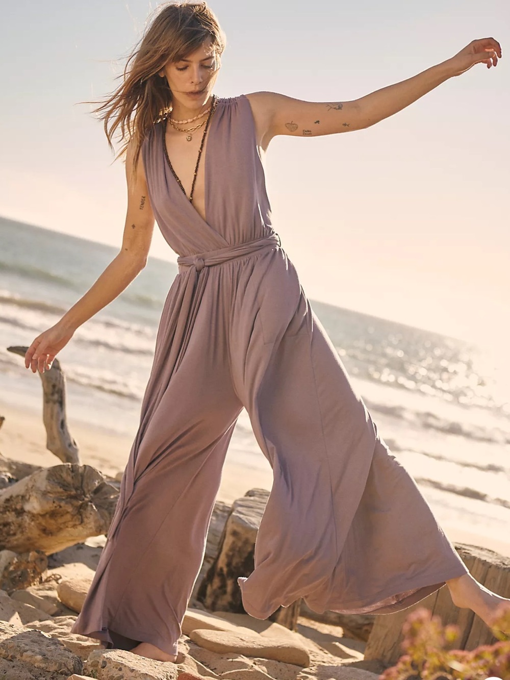 Free People purple taupe Dani Convertible Open-Back One-Piece jumpsuit sz XL